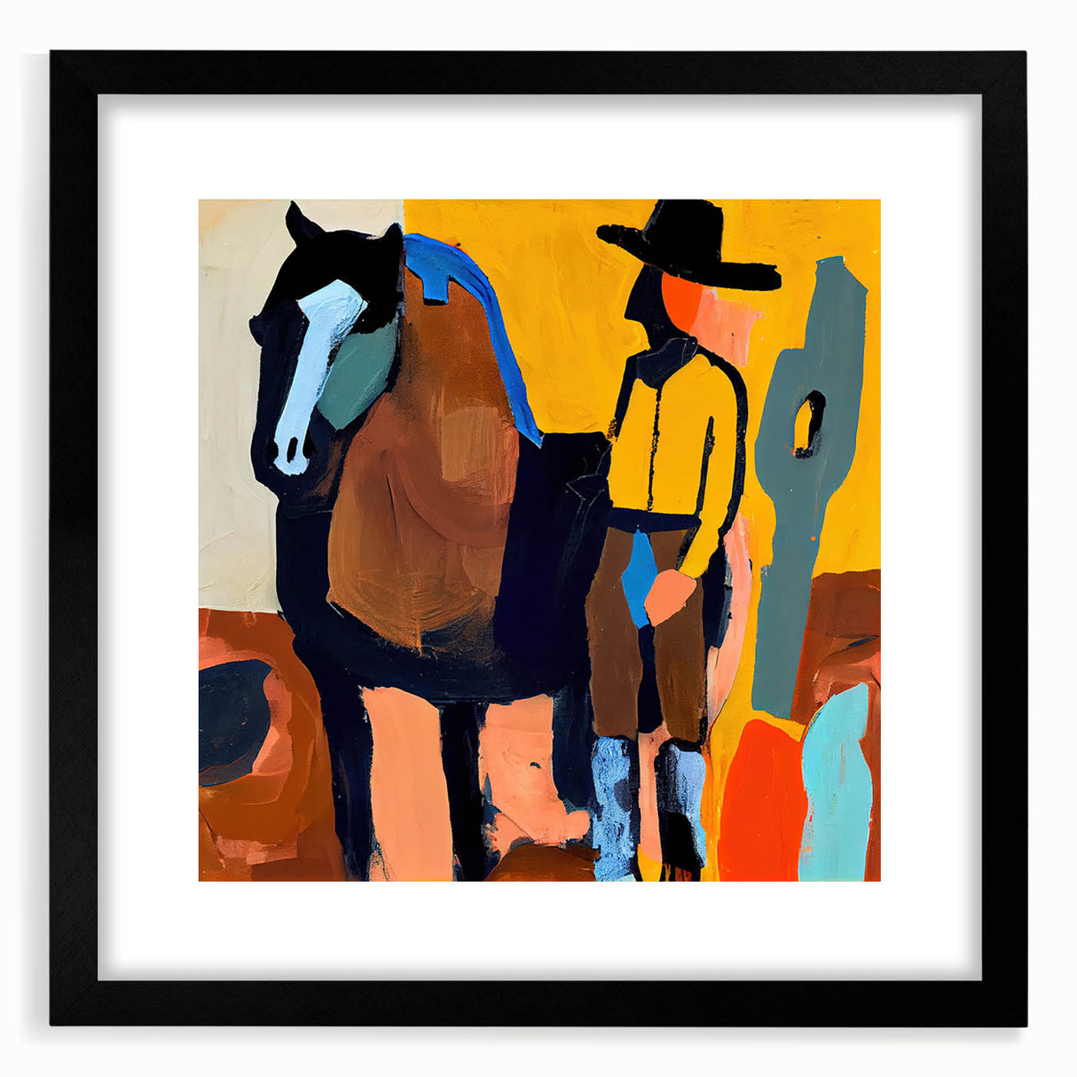Abstract figurative wall art design framed with a black mat, showcasing vibrant colors and unique shapes, perfect for modern home decor. Ideal for adding artistic flair to living spaces.