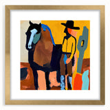 Abstract figurative wall art framed in gold, showcasing vibrant colors and dynamic shapes, ideal for modern interior decor, enhancing any living space with elegance.