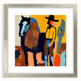 Abstract figurative wall art featuring dynamic shapes in vibrant colors, framed with a sleek silver mat, ideal for modern home decor and artistic expression.