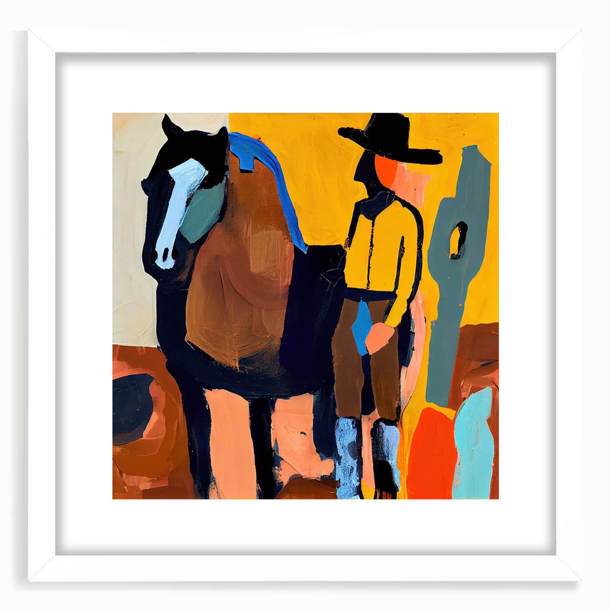 Abstract figurative wall art framed with a white mat, showcasing vibrant colors and unique shapes, perfect for modern home decor or gallery display.