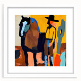 Abstract figurative wall art framed with a white mat, showcasing vibrant colors and unique shapes, perfect for modern home decor or gallery display.