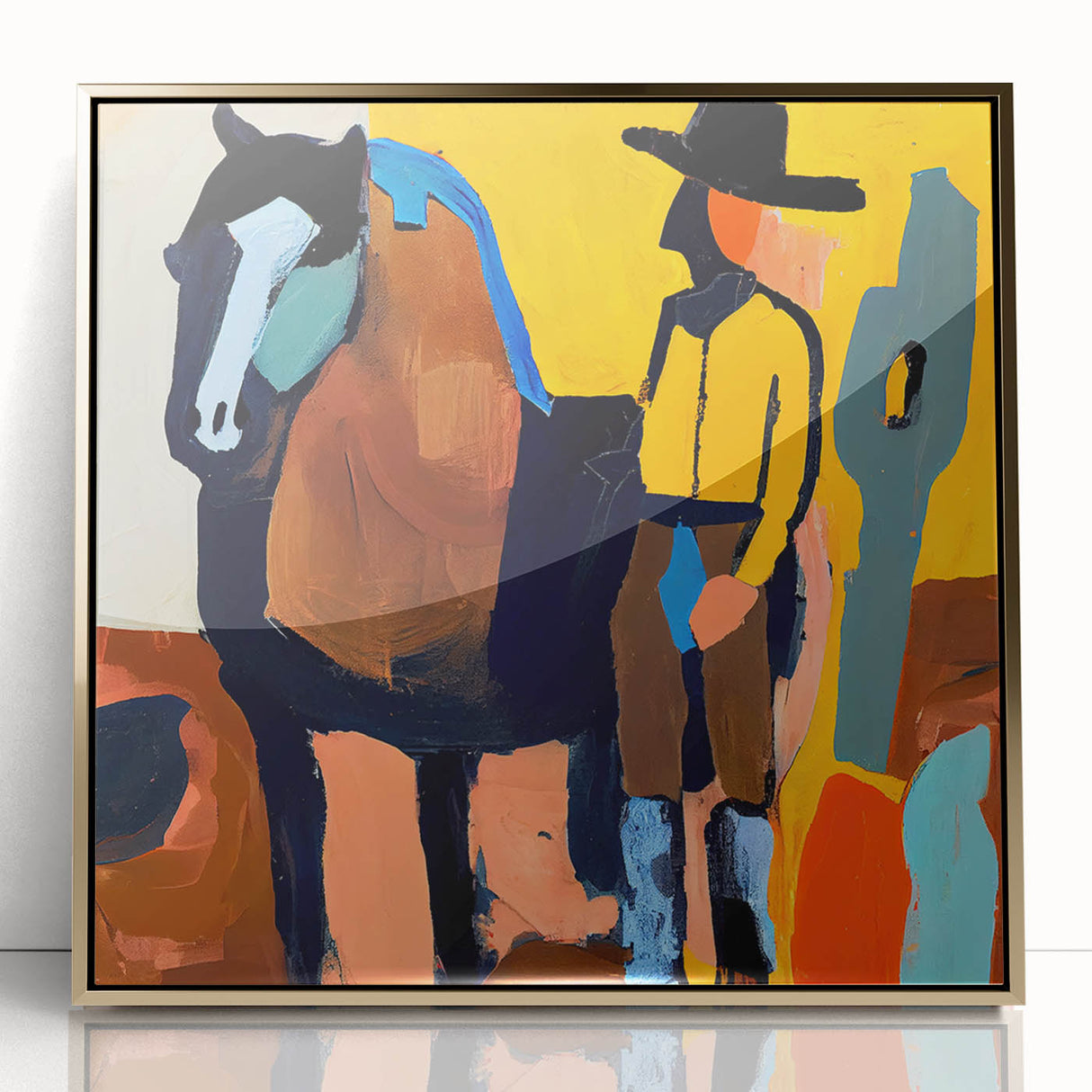 Framed abstract figurative wall art with gold accents, showcasing a modern design against a sleek acrylic background, ideal for contemporary home decor.