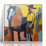 Framed abstract figurative wall art in a white frame, showcasing vibrant colors and modern design. Ideal for contemporary home decor and artistic spaces.