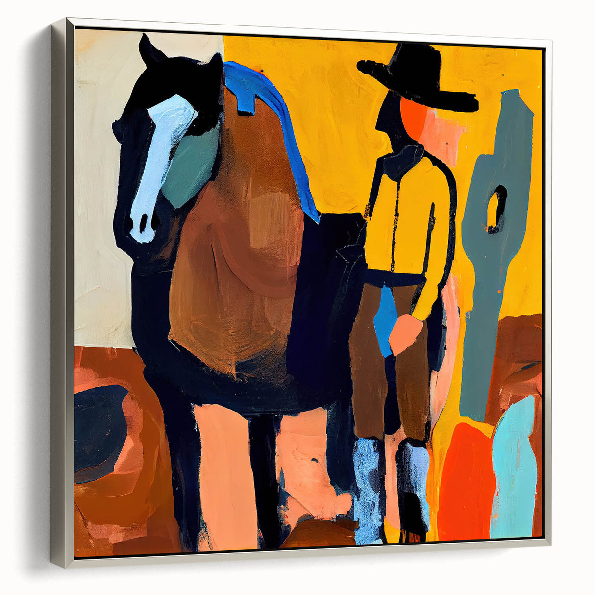 Abstract figurative wall art featuring a silver-framed canvas design, showcasing a modern and vibrant color palette, ideal for contemporary home decor.