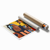 Abstract figurative wall art print showcasing vibrant colors and unique shapes, rolled for shipping in a protective cardboard tube, ideal for modern decor.