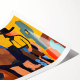 Abstract figurative wall art print showcasing vibrant colors and dynamic shapes, rolled and packaged securely in a sturdy tube for easy shipping and display. Ideal for enhancing modern home decor with artistic flair.