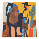 Abstract figurative wall art on stretched canvas, showcasing vibrant colors and dynamic shapes, leaning against a textured wall, perfect for modern decor.