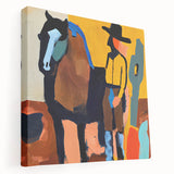 Abstract figurative wall art on stretched canvas, showcasing vibrant colors and dynamic shapes, viewed from the side, ideal for modern home decor.