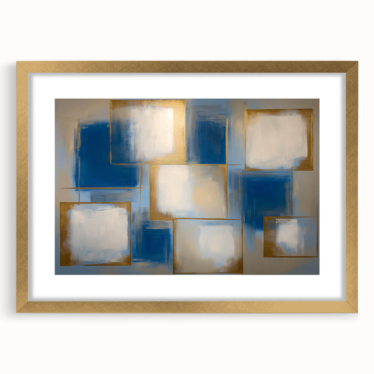 Abstract geometric frame in gold with a white mat, showcasing a modern design perfect for home decor. Ideal for enhancing contemporary interior aesthetics.
