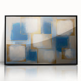 Abstract geometric artwork in a sleek black frame, showcasing bold shapes and colors, perfect for modern home decor. Ideal for enhancing contemporary interiors.