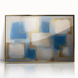 Framed acrylic wall art featuring an abstract geometric design in gold tones, set against a sleek black background, perfect for modern home decor.