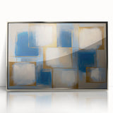 Abstract geometric art piece framed in silver acrylic, showcasing vibrant colors and shapes. Ideal for modern home decor, adding a contemporary touch to your space.