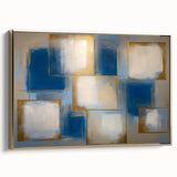 Framed geometric abstract canvas art in gold tones, showcasing intricate patterns and textures, displayed from a side view to highlight its depth and elegance. Perfect for modern home decor, this piece adds a touch of sophistication to any room.