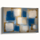 Framed geometric abstract canvas artwork in silver, showcasing a modern design with sharp lines and vibrant colors, perfect for contemporary decor.