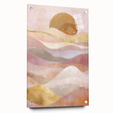 Abstract landscape wall art displayed in a side view, showcasing vibrant colors and intricate details under acrylic glass, elegantly held by pins for modern decor.