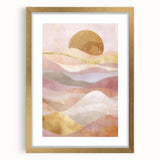 Abstract landscape wall art framed with a gold mat, showcasing vibrant colors and intricate details, perfect for modern home decor or office spaces.