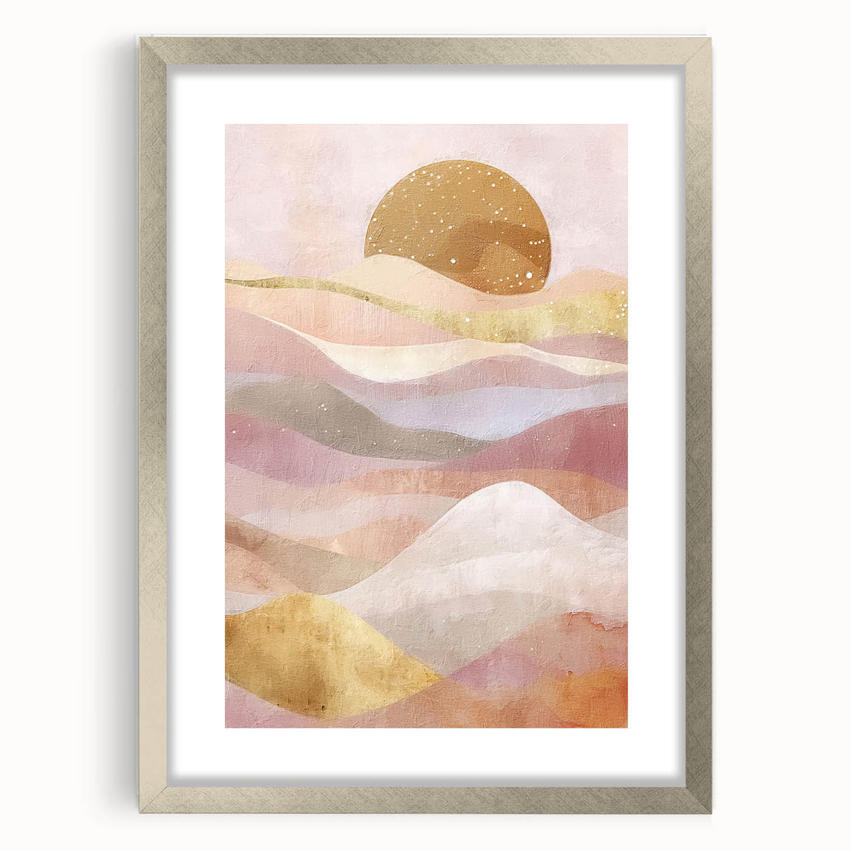 Abstract landscape wall art framed in silver with a mat, showcasing vibrant colors and intricate textures, ideal for modern home decor and artistic expression.