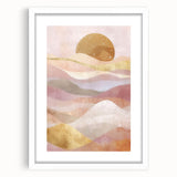 Abstract landscape wall art framed with a white mat, showcasing vibrant colors and fluid shapes, perfect for modern home decor, enhancing aesthetic appeal.