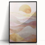 Framed abstract landscape wall art featuring vibrant colors and bold shapes, presented in a sleek black frame, ideal for modern home decor. The acrylic surface enhances visual depth, adding a striking focal point to any room. Perfect for art enthusiasts seeking contemporary aesthetics.