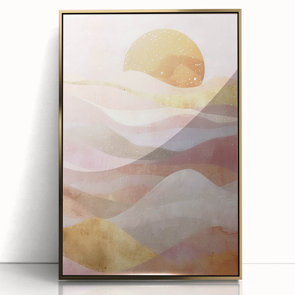 Framed abstract landscape wall art showcasing vibrant gold and acrylic tones, elegantly displayed for modern home decor enhancement. Perfect for living spaces.