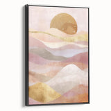 Framed abstract landscape wall art in black, showcasing vibrant colors and dynamic shapes, adding a modern touch to home décor, viewed from the side.