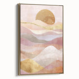 Framed canvas wall art showcasing an abstract landscape design with gold accents, viewed from the side, highlighting its elegant frame and artistic details.