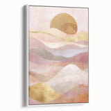 Abstract landscape wall art framed canvas featuring soft, neutral tones and modern design, displayed from a white side view, ideal for contemporary home decor.