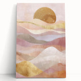 Abstract landscape wall art on stretched canvas, showcasing vibrant colors and fluid shapes, leaning against a neutral wall, ideal for modern home decor.