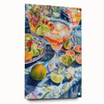Large abstract wall art on acrylic glass depicting vibrant, colorful food and drink imagery, suitable for dining room decor.