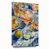 Large abstract wall art on acrylic glass depicting vibrant, colorful food and drink imagery, suitable for dining room decor.
