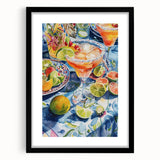 Extra large abstract art print featuring a colorful, textured design on a black framed canvas, ideal for living room decor.