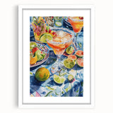 Abstract art print featuring swirling patterns in muted earth tones, framed in white, ideal for dining room decor.