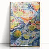 Large art print of abstract drinks and food in gold and black tones, acrylic framed, suitable for modern kitchen decor.