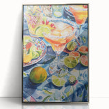 Mid-century modernist art deco poster featuring a minimalist cocktail graphic in pastel shades, framed acrylic.