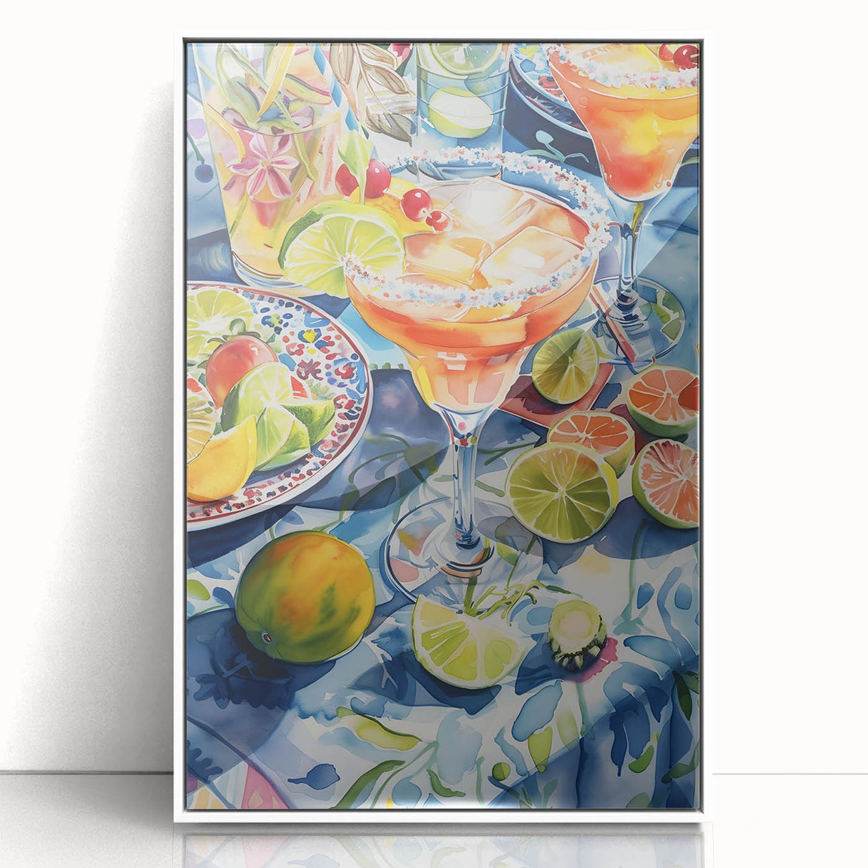 Art deco poster featuring a stylized cocktail glass in black and gold tones on a white acrylic framed print.
