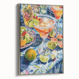 Landscape art painting of colorful food and drinks on black background, framed canvas, ideal for dining room decor.