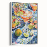 Vintage poster art of colorful cocktails on a black background, framed canvas, ideal for living room decor.