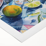 Art deco poster featuring an assortment of beverages in vibrant colors on a rolled canvas, suitable for dining room decor.