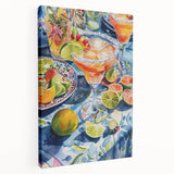 Large stretched canvas featuring a vibrant illustration of assorted fruits and beverages, ideal for kitchen wall art.