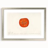 Textured abstract art print featuring assorted fruits in vibrant colors, framed in silver, ideal for bedroom decor.