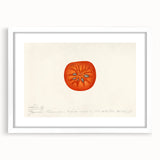 Abstract art print of assorted fruits in vibrant colors on a white framed mat, suitable for dining room decor.