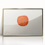 Large art print of assorted fruits in vibrant colors on a gold acrylic frame, styled in mid-century modernist.