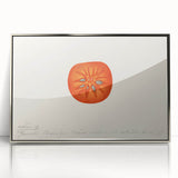 Mid-century modernist art depicting assorted fruits in vibrant colors on a framed acrylic print.