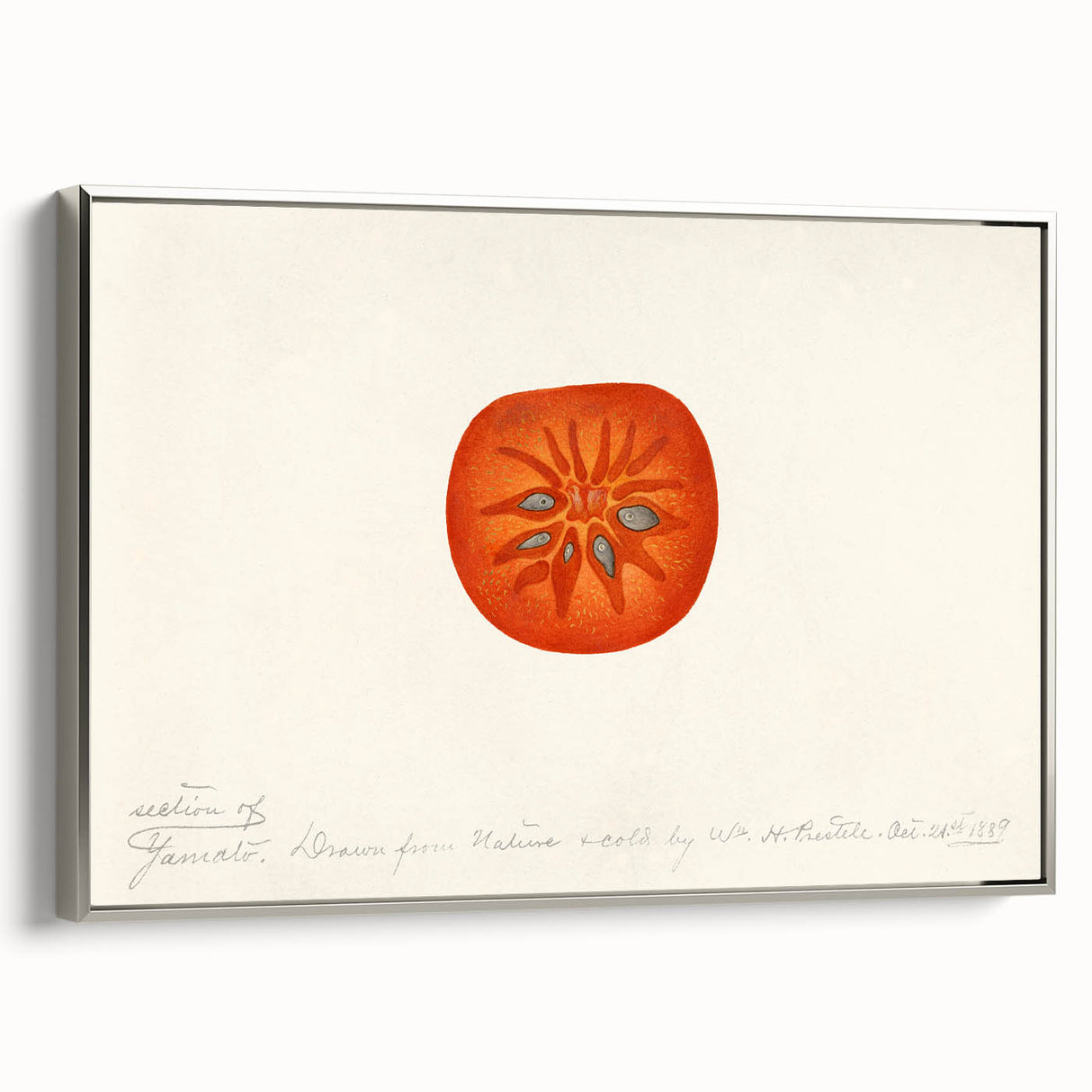 Landscape art painting of colorful fruits on a black background, framed in silver, suitable for kitchen decor.