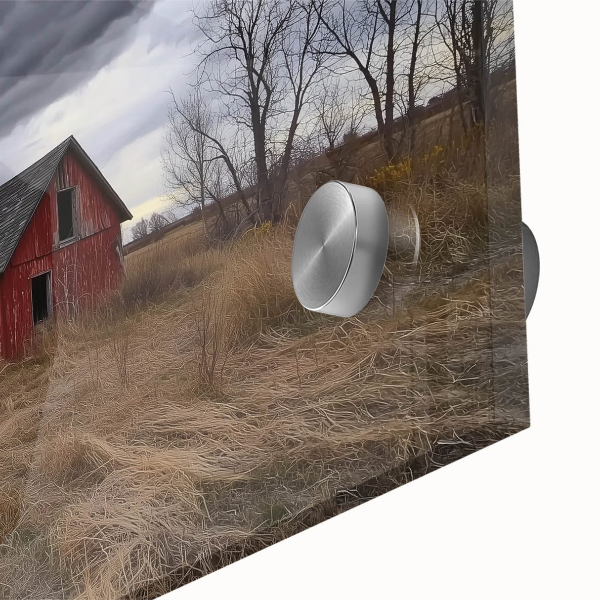 Close-up of a vibrant landscape barn art design displayed on acrylic glass, showcasing rich colors and fine details, perfect for home decor enthusiasts.