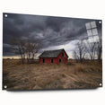 Side view of an acrylic glass wall art piece depicting a picturesque landscape of a barn, showcasing vibrant colors and intricate details, ideal for rustic decor.