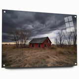 Side view of an acrylic glass wall art piece depicting a picturesque landscape of a barn, showcasing vibrant colors and intricate details, ideal for rustic decor.