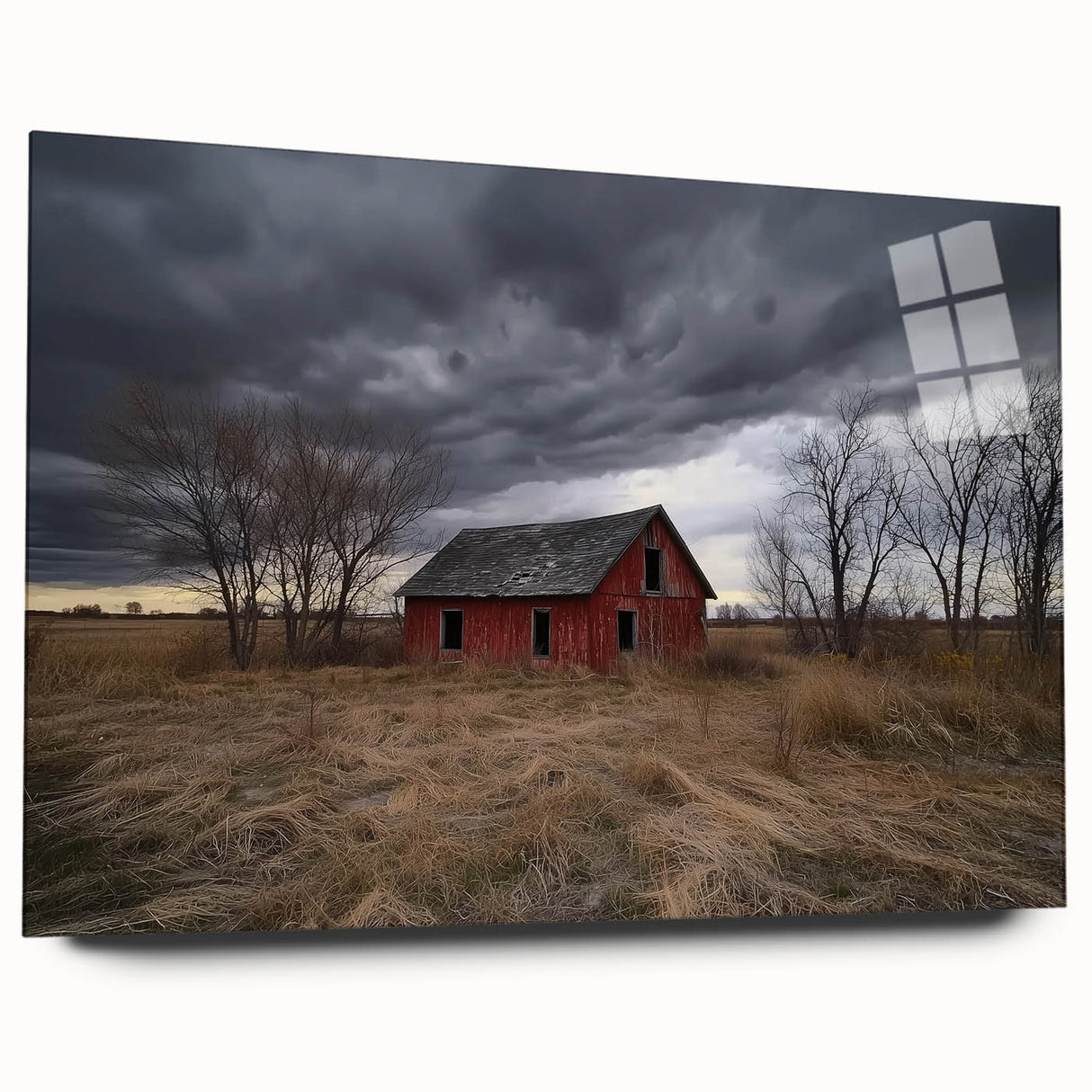 Acrylic glass design of a landscape barn in a side view, showcasing vibrant colors and intricate details, ideal for home decor enthusiasts and rustic art lovers.