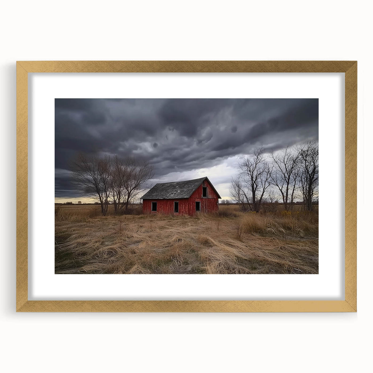 Elegant landscape barn frame with a gold mat, showcasing a picturesque countryside scene. Perfect for adding a rustic charm to home décor, blending classic and modern styles.