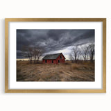 Elegant landscape barn frame with a gold mat, showcasing a picturesque countryside scene. Perfect for adding a rustic charm to home décor, blending classic and modern styles.